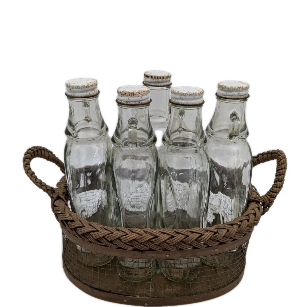 Glass‎ Syrup Bottles 5 CT. Wire Basket Caddy 1950s Mid-Century Farmhouse Set VTG